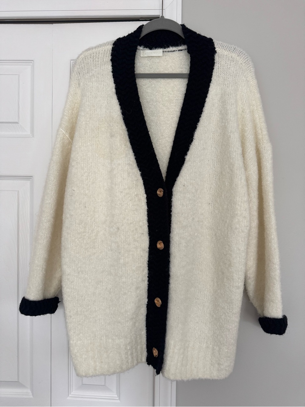 Vita Grace Cream and Black Open Cardigan Sweater - Women's Cozy V-Neck